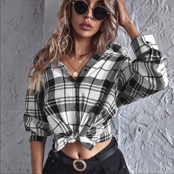 Boho Plaid Front Tie Button Down Long Sleeve Top - Picture 6 of 13